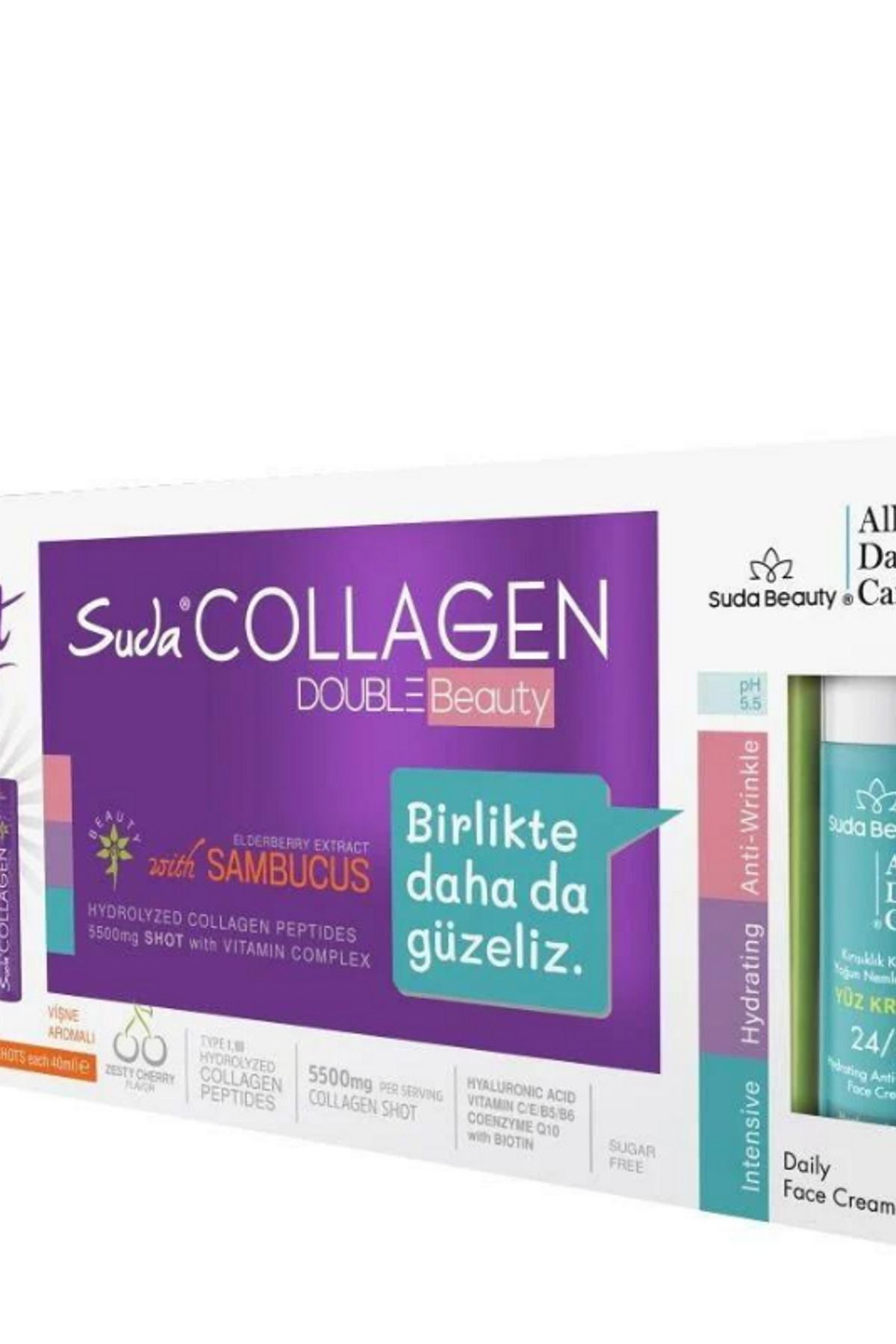 Suda Collagen Double Beauty (30 Shot Vişne Kolajen & Suda Beauty All Day Care Yüz Kremi 50ml)