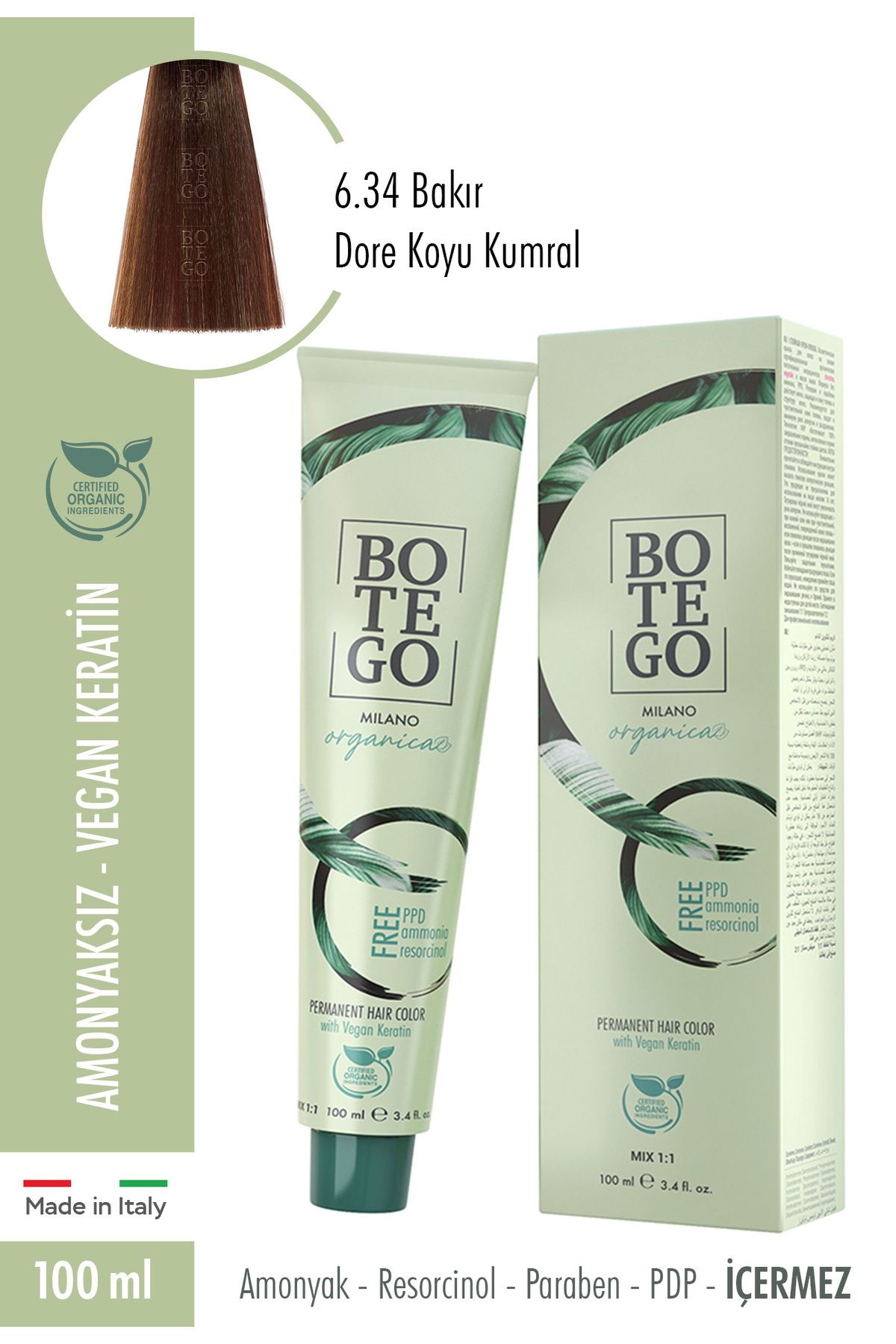 botegohair Botego Organica Krem Boya - 6.34 Bakır Dore Koyu Kumral 100 ml