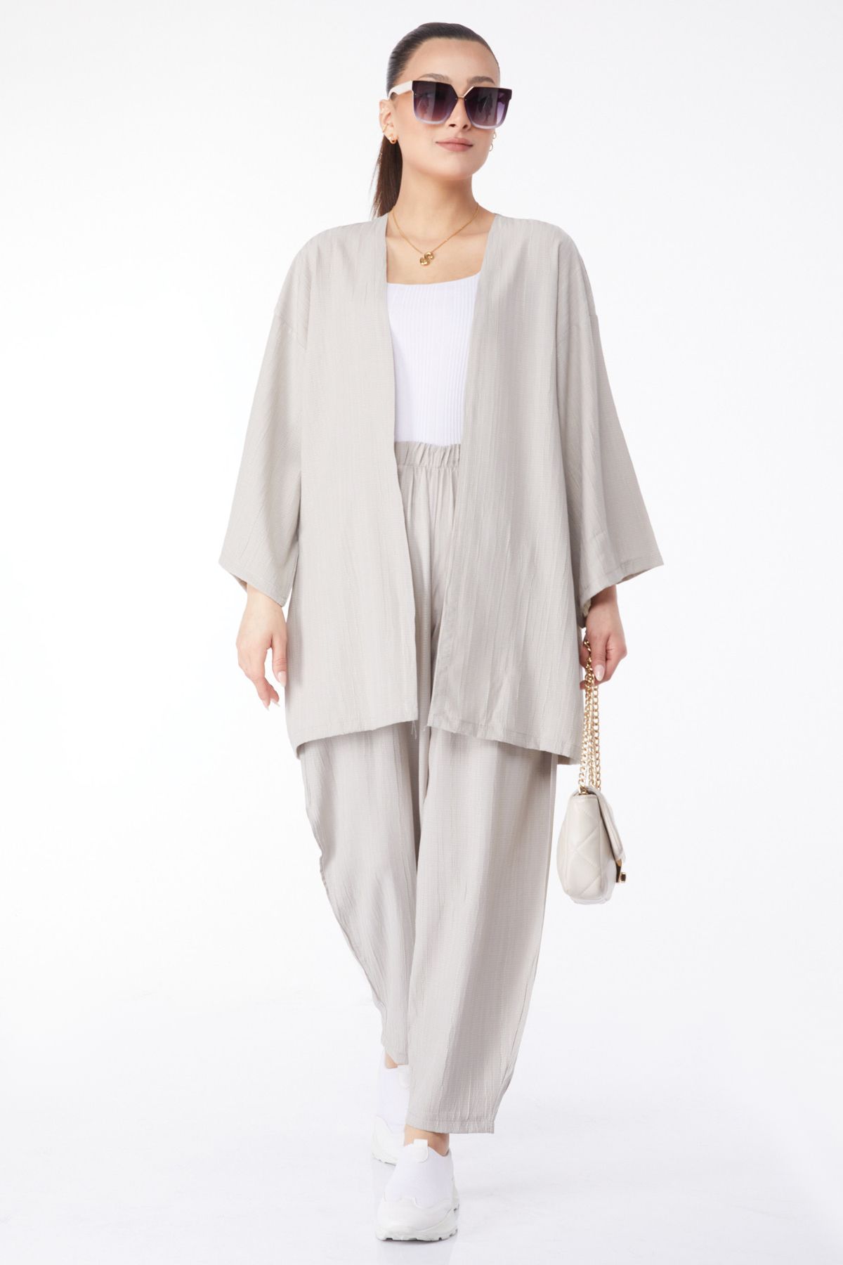 TOFİSA Düz Ceket Yaka Kadın Gri Kimono Pantolon İkili Takım - 24679