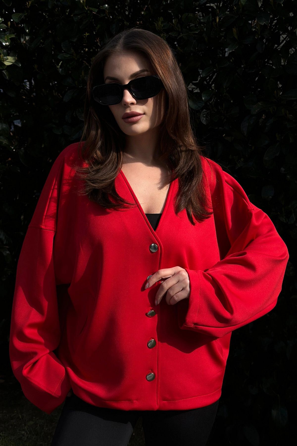 New Laviva Kadın Kırmızı Scuba Kumaş, Silver Dügme Detaylı, Salaş Ceket Bluz