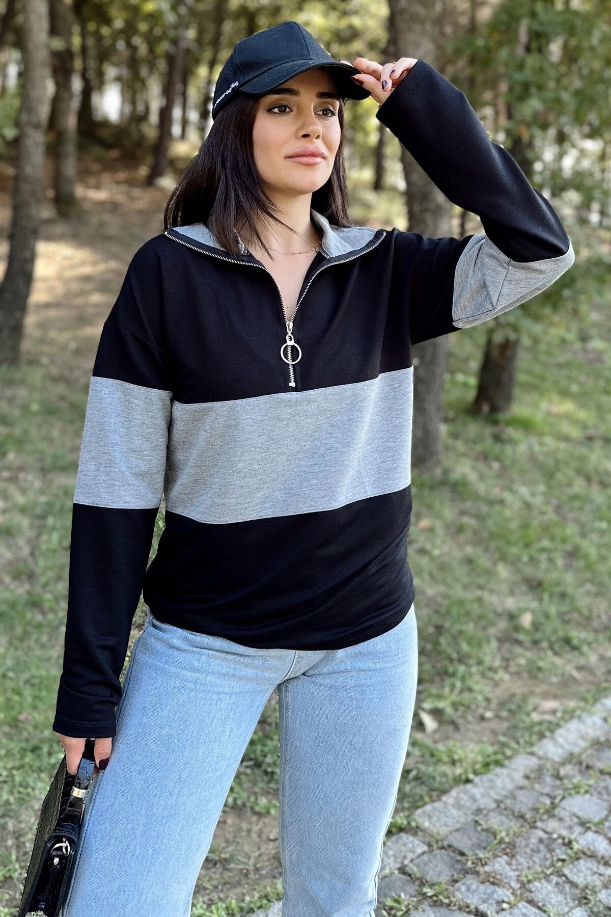 New Laviva Kadın Siyah Uzun Kol, Dik Yaka, Fermuarlı, Double Color Block Basic Sweatshirt Bluz
