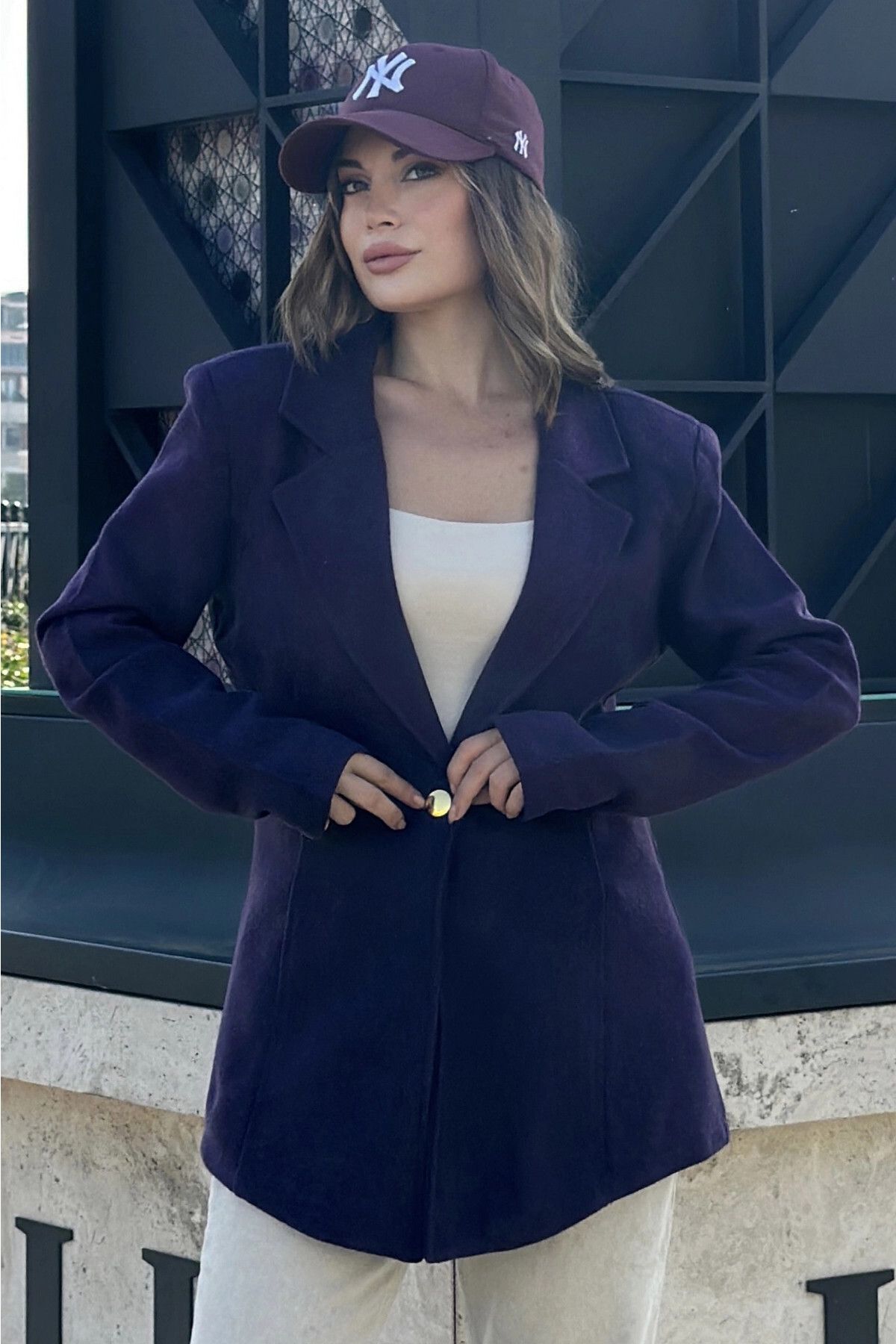 New Laviva Kadın Mor Astarlı, Tek Düğme, Vucüda Oturan Kalıp, Fitilli Kaşe Kumaş Blazer Ceket