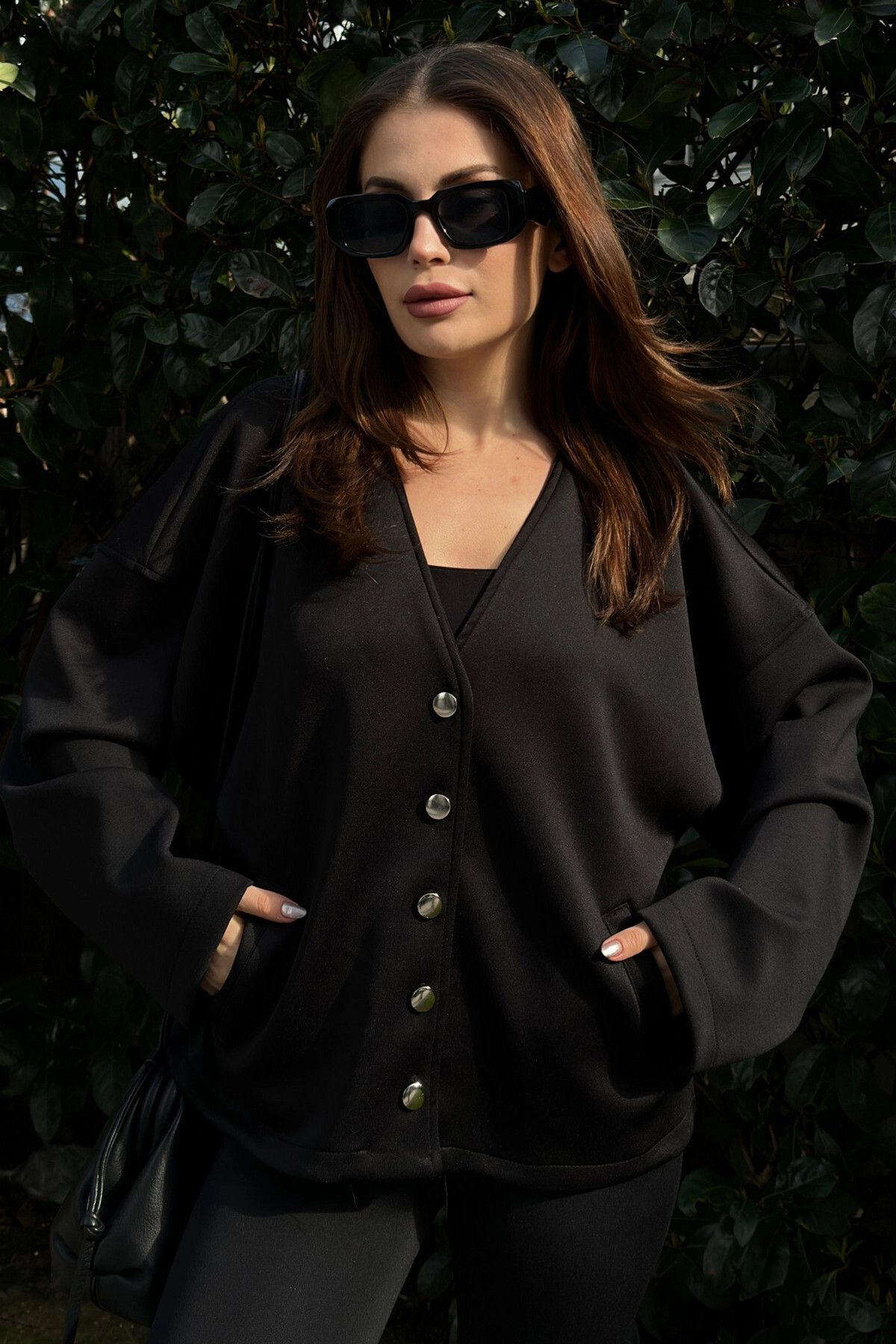 New Laviva Kadın Siyah Scuba Kumaş, Silver Dügme Detaylı, Salaş Ceket Bluz