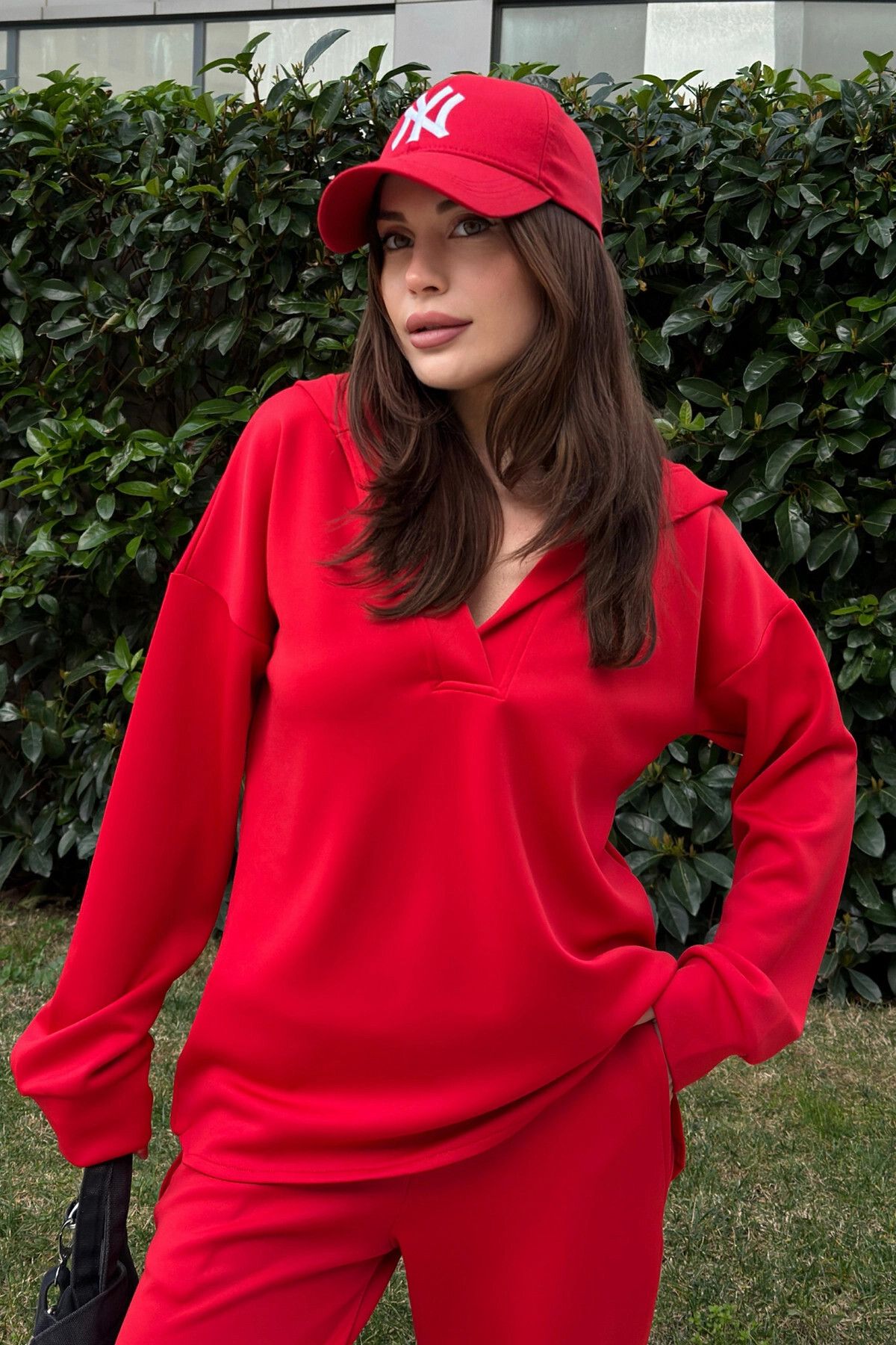 New Laviva Kadın Kırmızı Scuba Kumaş, Salaş Kesim, Kapüşonlu Sweatshirt Bluz