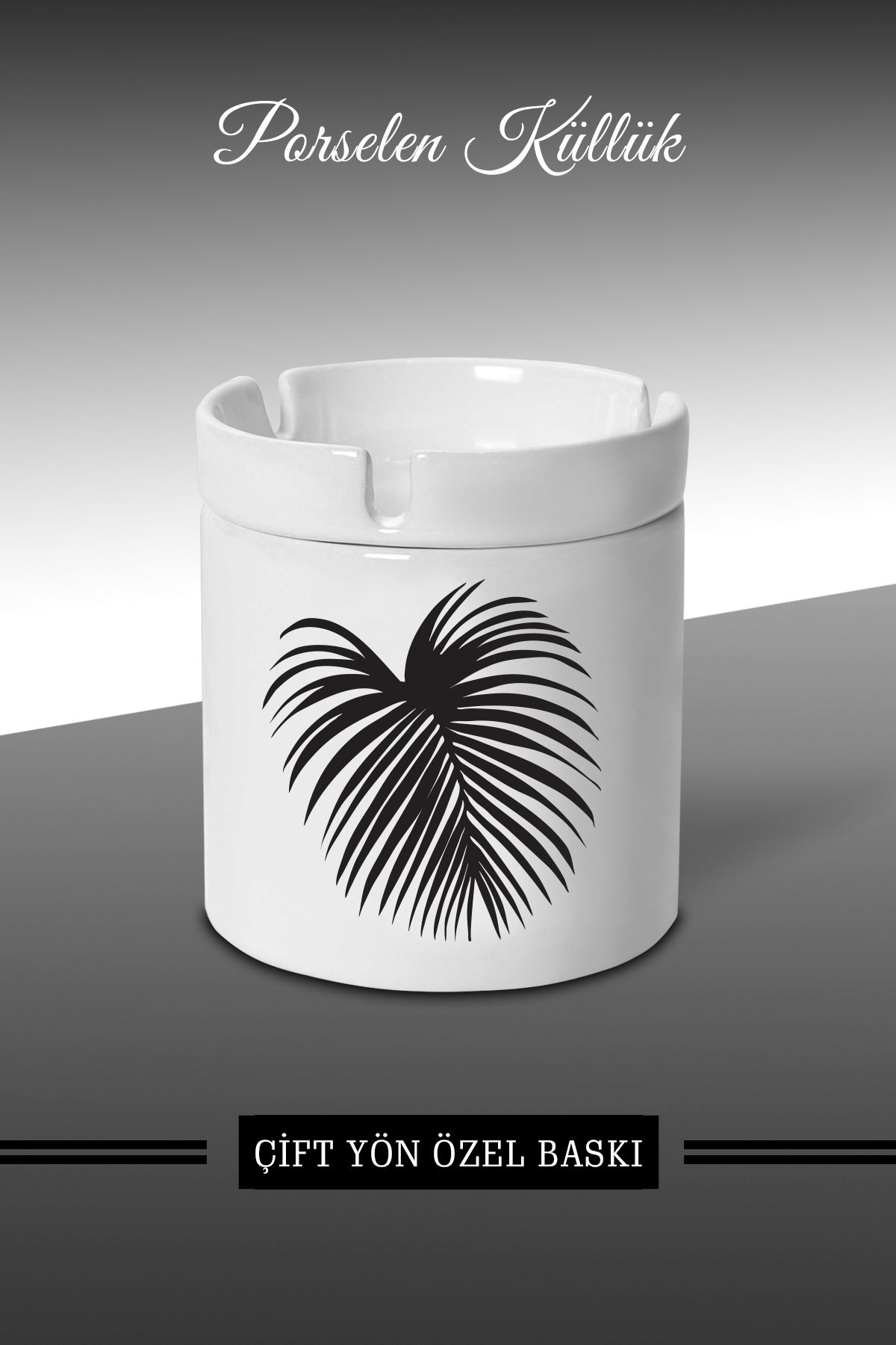 yhfoto Siyah Palmiye Yaprağı Tasarımlı Küllük - Porselen Küllük - Kül Tablası