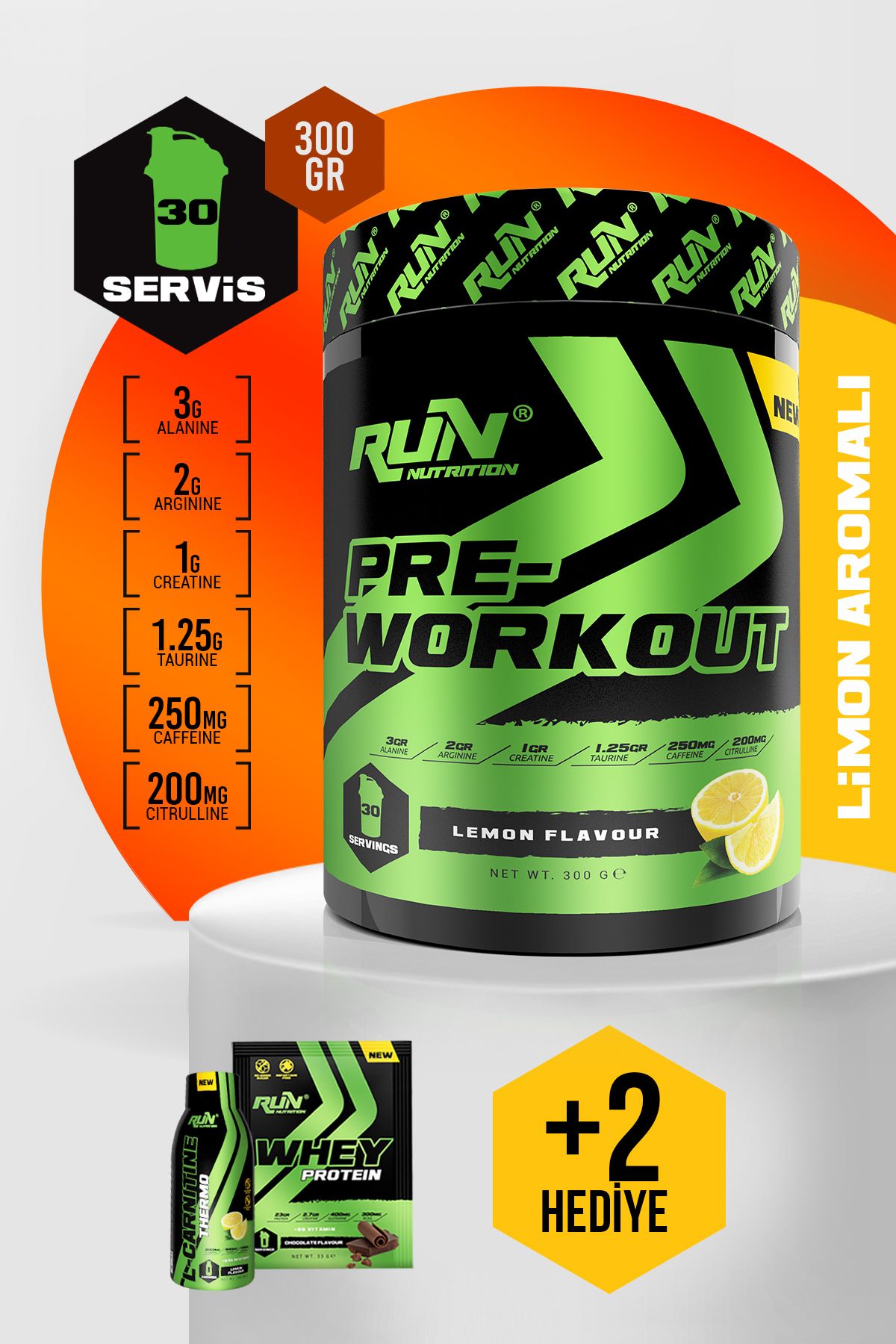 Run Nutrition Pre-workout Limon Aromalı - 300g - 30 Servis - Hediyeli