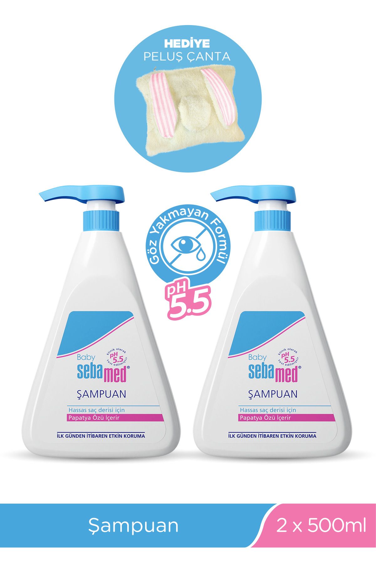 Sebamed Peluş Çanta Hediyeli 2 Adet 500 ml Bebek Şampuan Seti