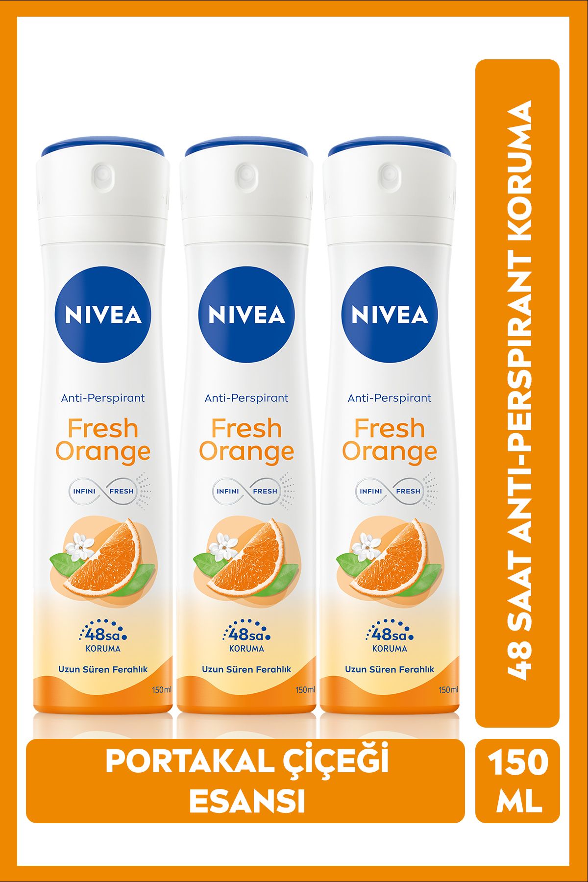 NIVEA Kadın Sprey Deodorant Fresh Orange, 48 Saat Anti-perspirant Koruma, 150 ml X3 Adet