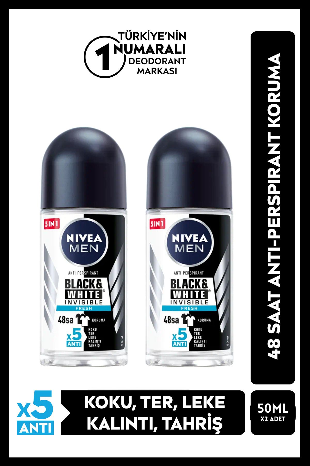 NIVEA Men Erkek Roll-on Deodorant, Black&White Fresh 50 ml, X2 Adet, Ter Kokusuna Karşı 48 Saat Koruma
