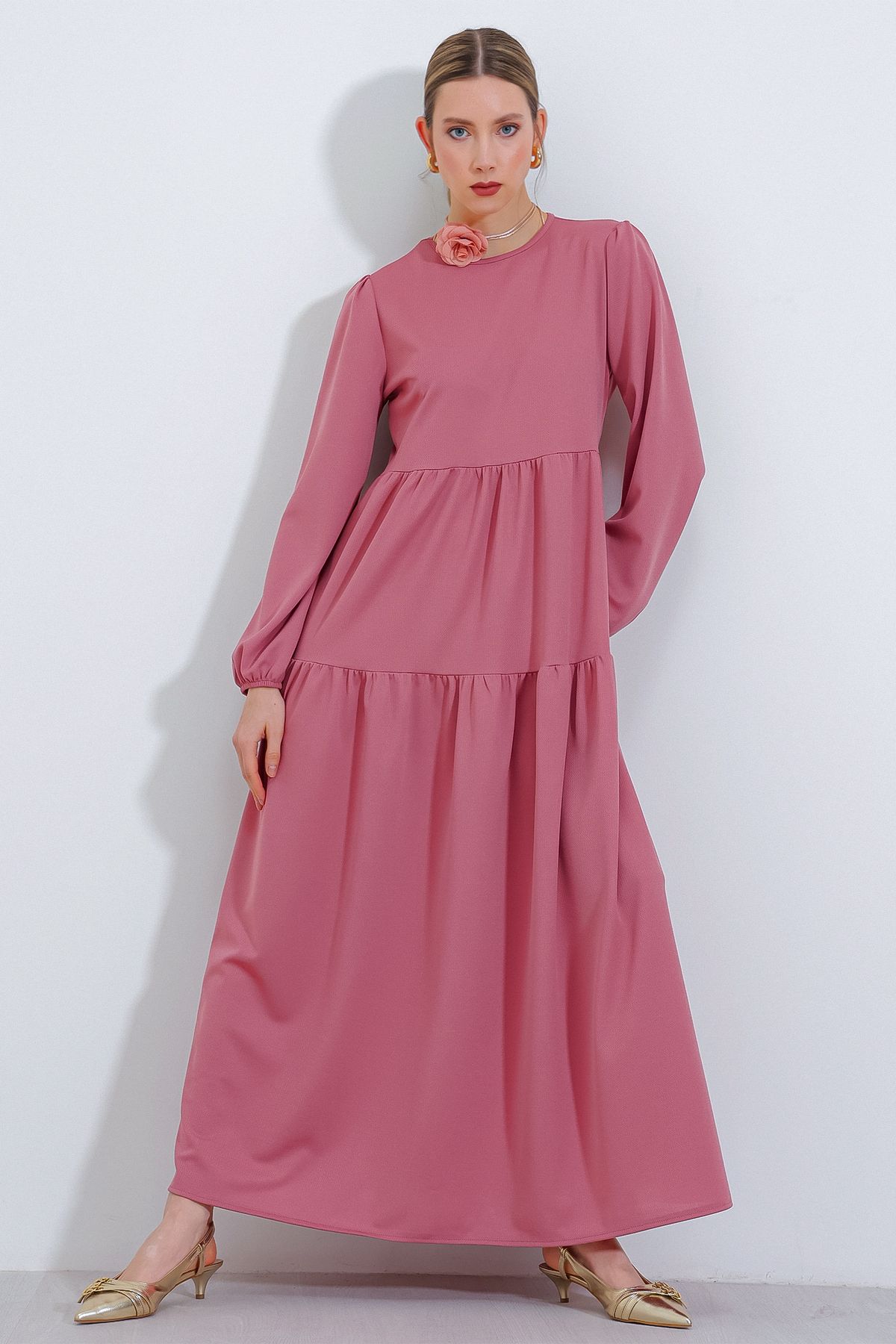 Bigdart Kadın Gül Kurusu Uzun Boydan Örme Tesettür Elbise 2482