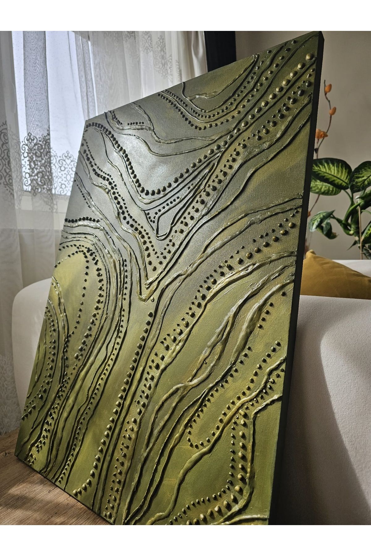 FNK HOME DECOR El yapımı modern dokulu kanvas soyut alçı  tablo GREEN PEARL