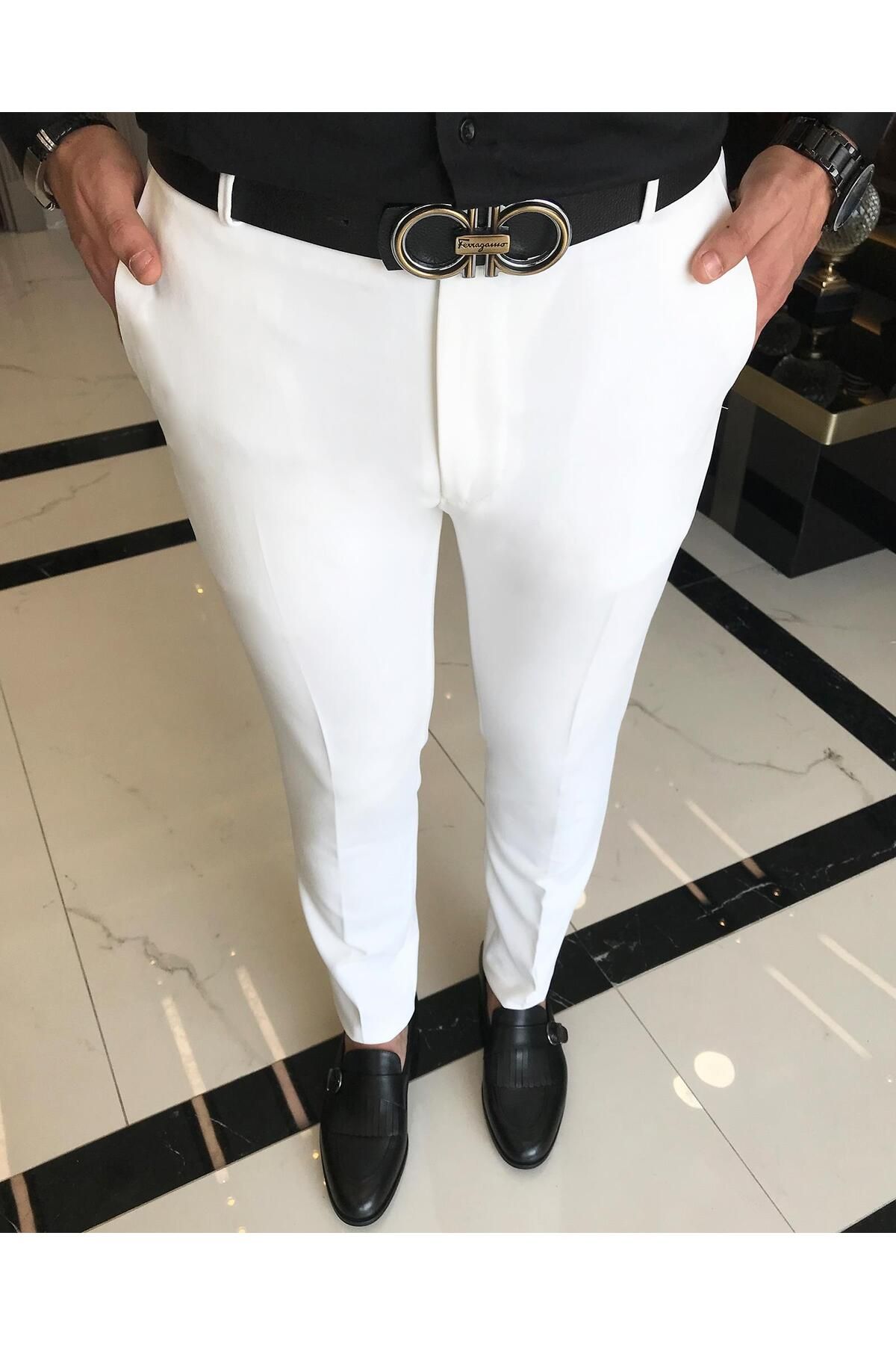 TerziAdemAltun Italyan Stil Slim Fit Erkek Kumaş Pantolon Ekru T4813