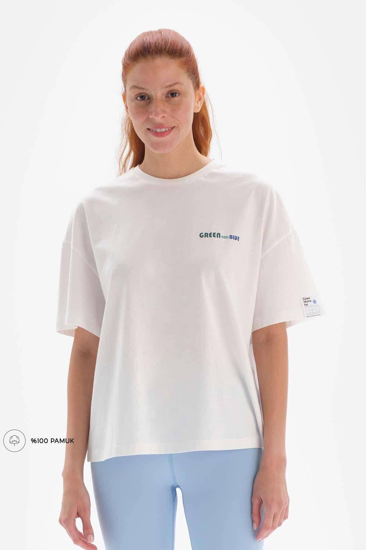 Dagi Beyaz - Mavi Kadın Kort Baskılı Tişört