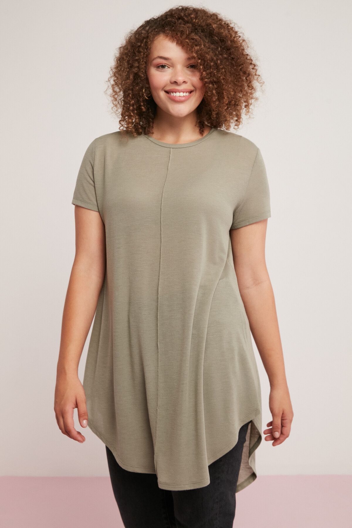 ETHIQUET Rachelle Kadın Asimetrik Kesim Viskon Karışımlı Dökümlü Haki Büyük Beden T-shirt