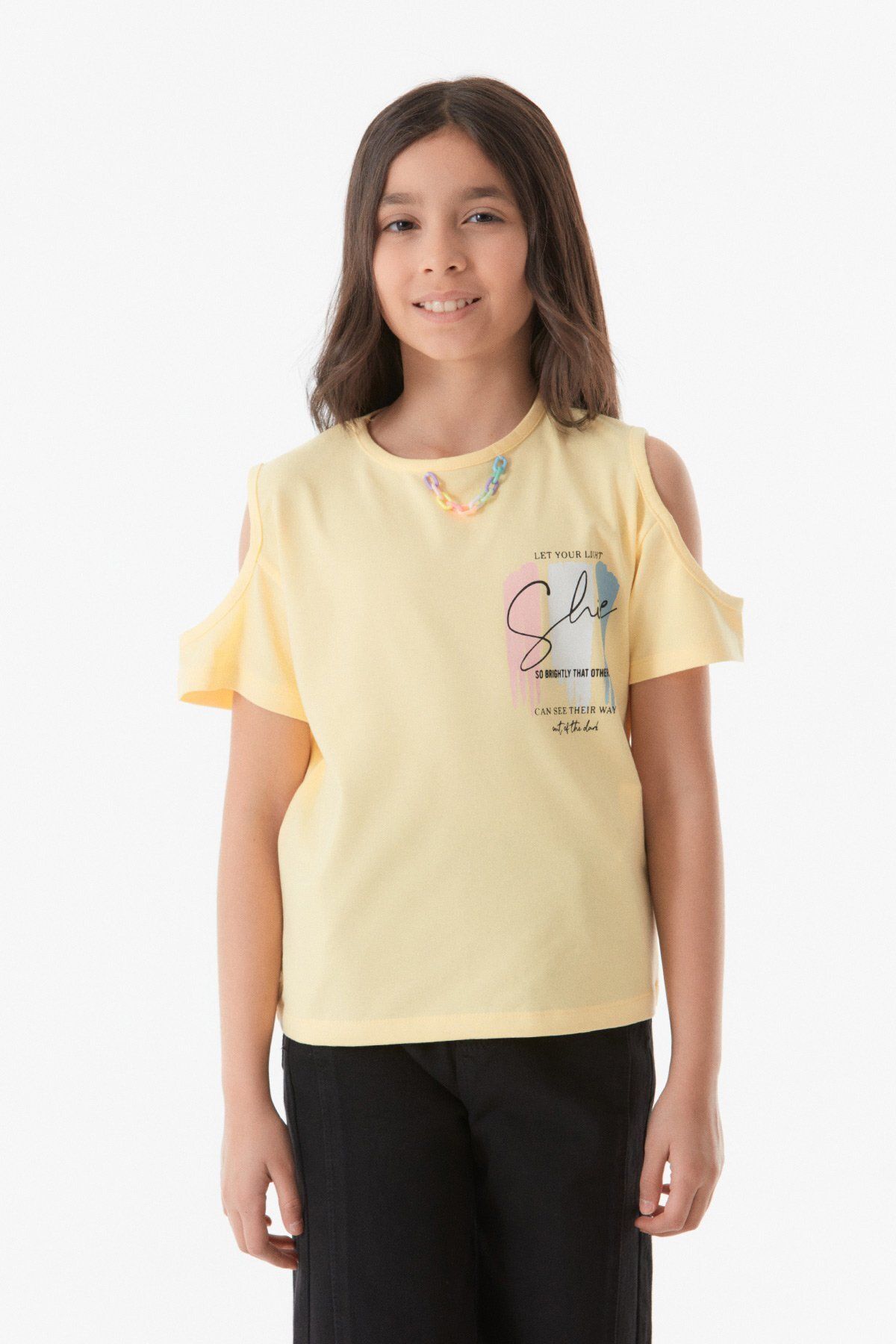 Fullamoda Baskılı Omuz Pencereli Kız Çocuk Tişört