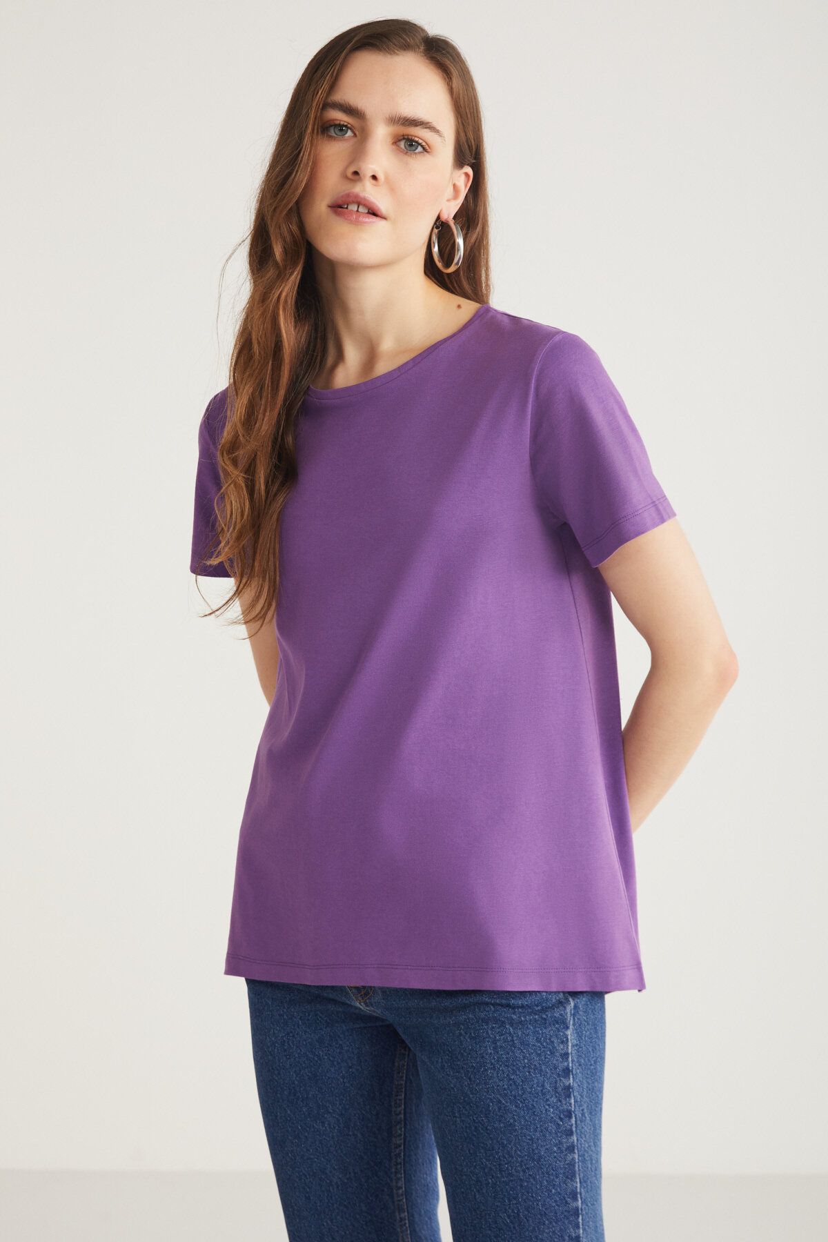 ETHIQUET Tatum Kadın 100% Pamuk Süprem Yuvarlak Yaka Comfort Fit Mor T-shirt