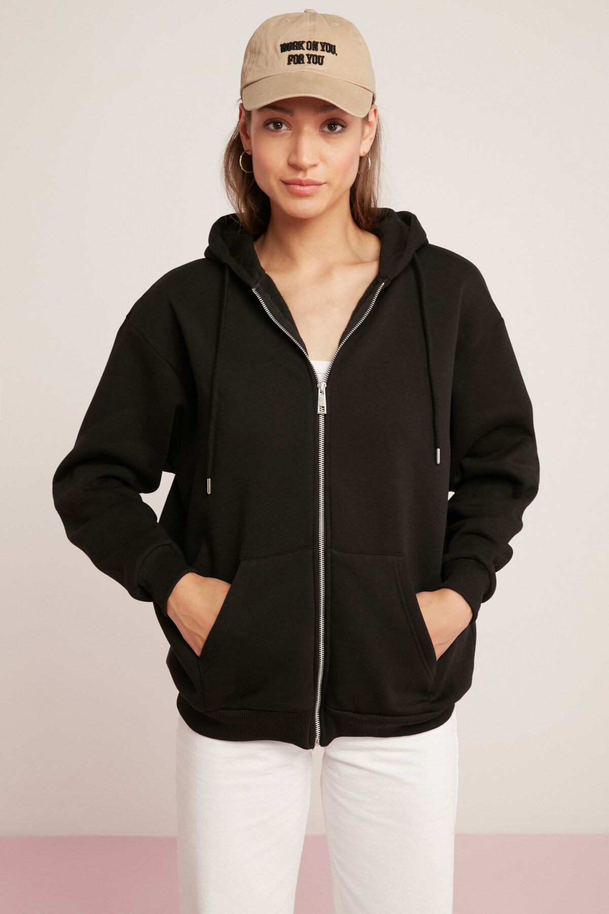 ETHIQUET Oynx Kadın Içi Polarlı Yumuşacık Kapüşonlu Fermuarlı Oversize Siyah Sweatshirt