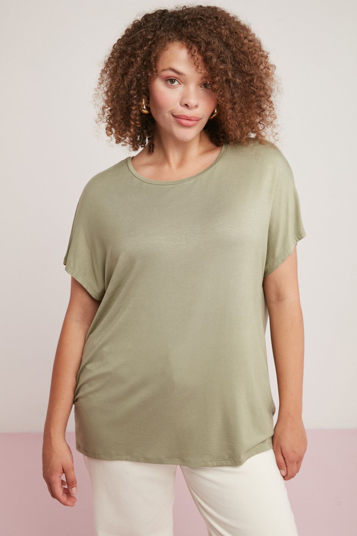 ETHIQUET Amanda Kadın Viskon Karışımlı Dökümlü Oversize Haki Büyük Beden T-shirt