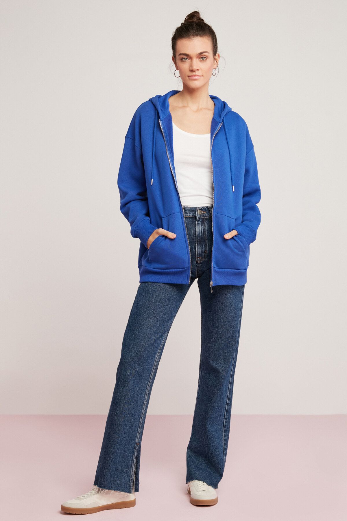 ETHIQUET Oynx Kadın Içi Polarlı Yumuşacık Kapüşonlu Fermuarlı Oversize Saks Mavi Sweatshirt
