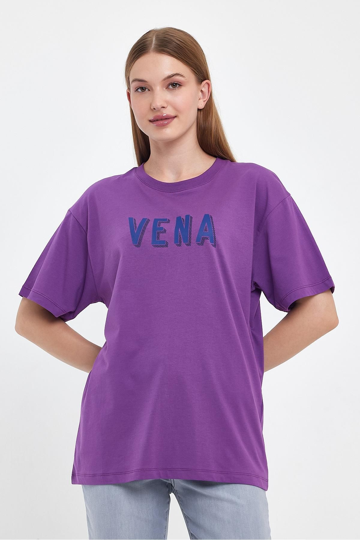 VENA Kadın Bisiklet Yaka Menekşe Logo Baskılı Oversize Tişört