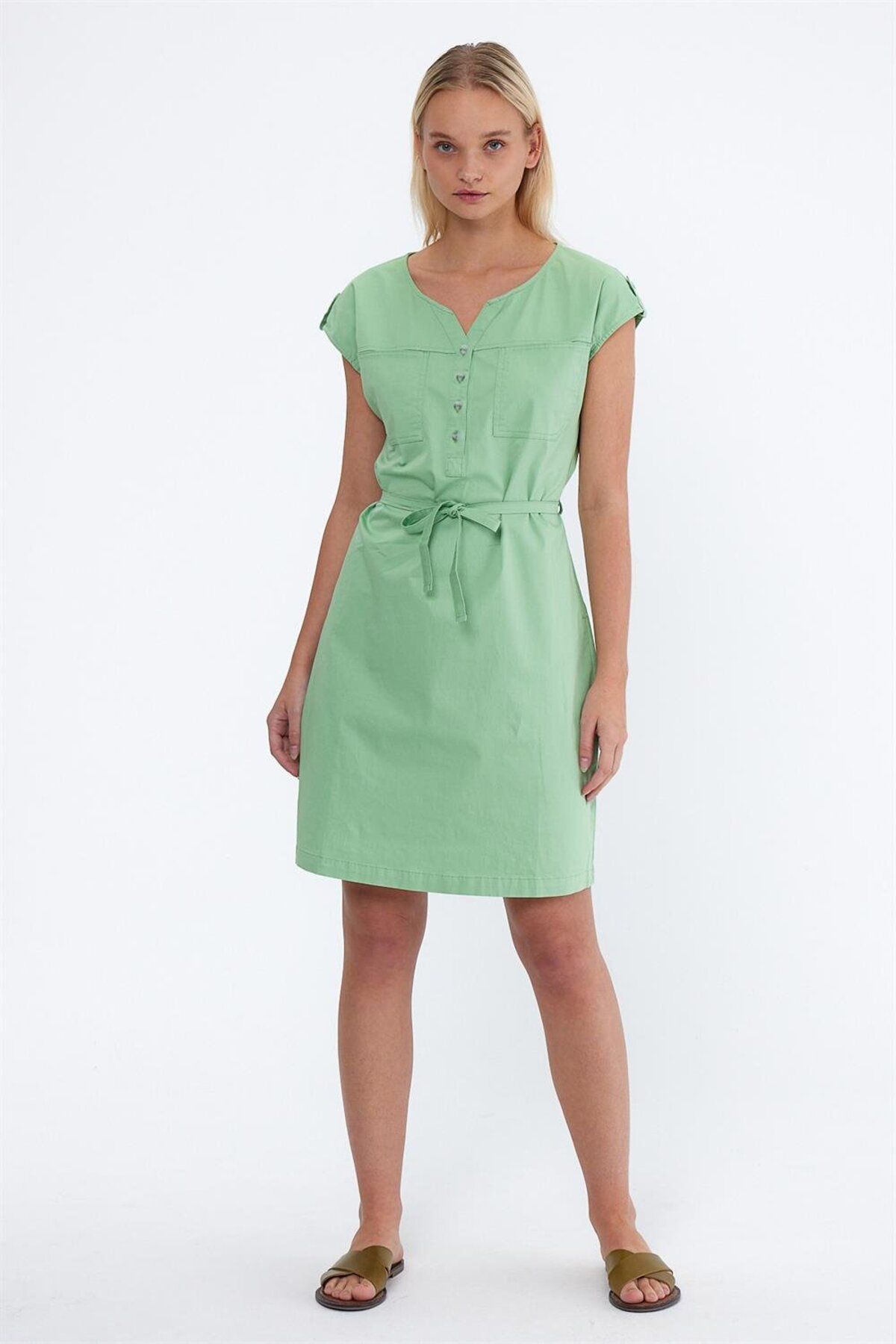 VENA Kadın Riva Yeşil Önü Düğmeli Regular Fit Gabardin Elbise