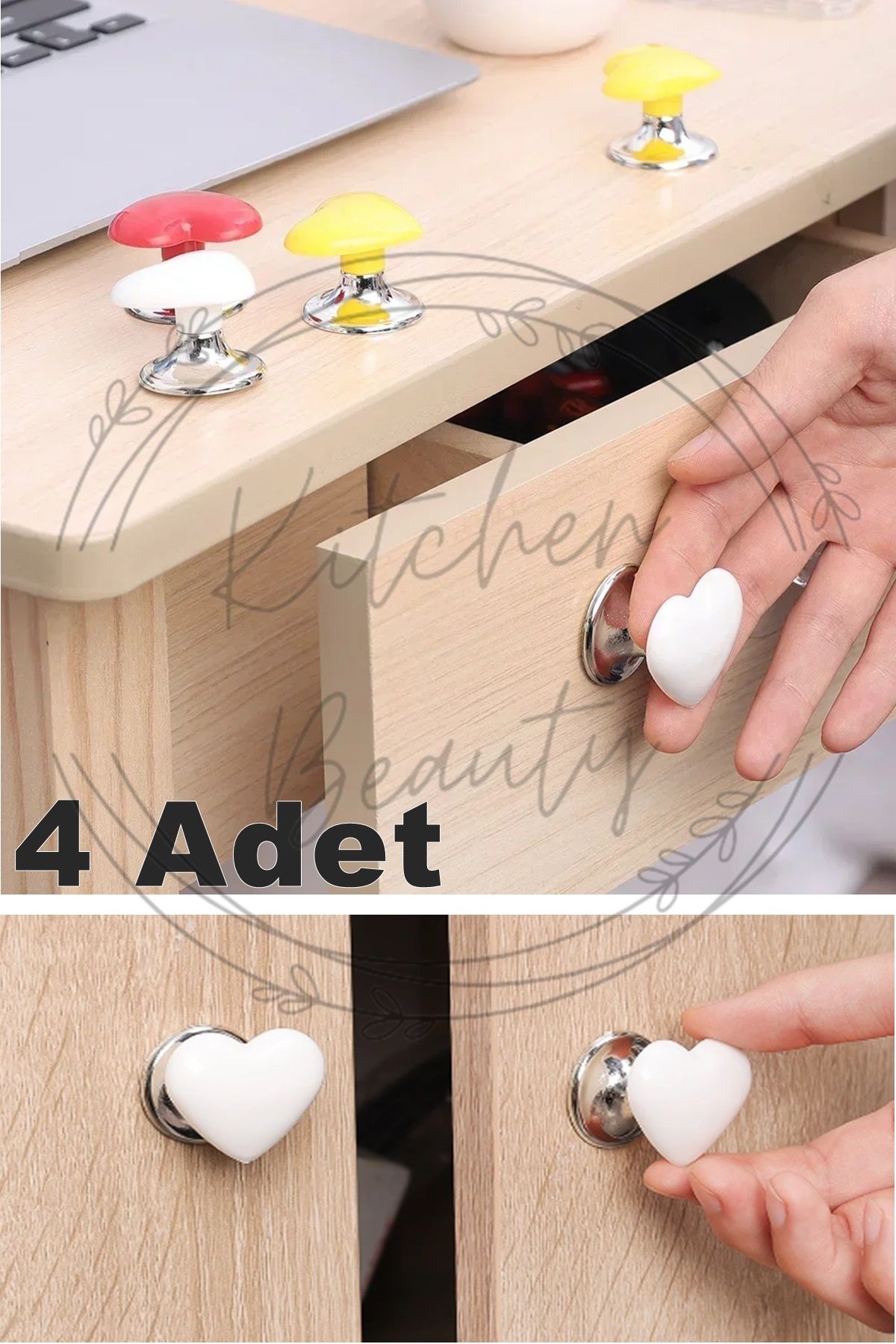 Kitchen Beauty 4 Adet Kalp Şekilli Yapışkanlı Çekmece Tutucu Dolap Gardırop Tutacak Kapı Pencere Çekmece Kulp