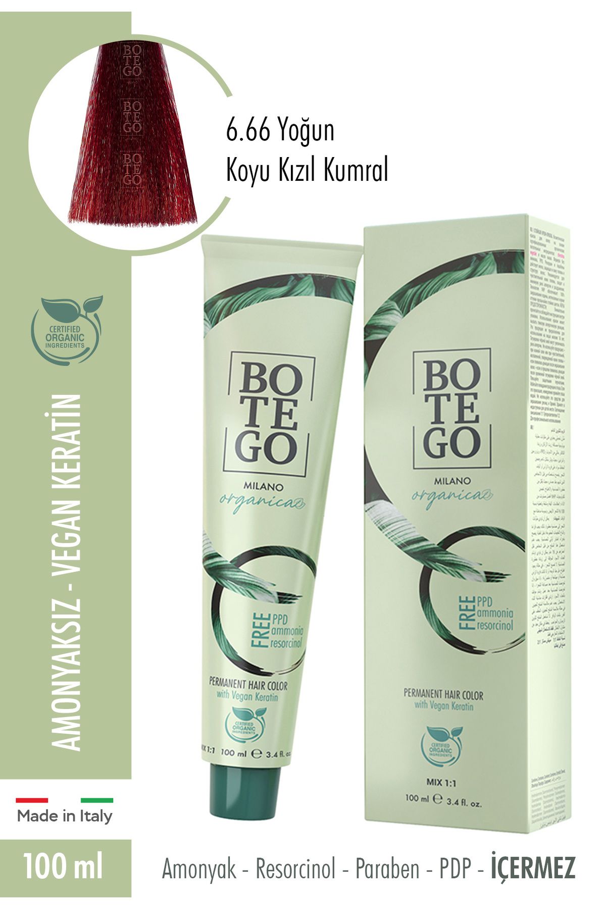 botegohair Botego Organica Krem Boya - 6.66 Yoğun Koyu Kızıl Kumral 100 ml