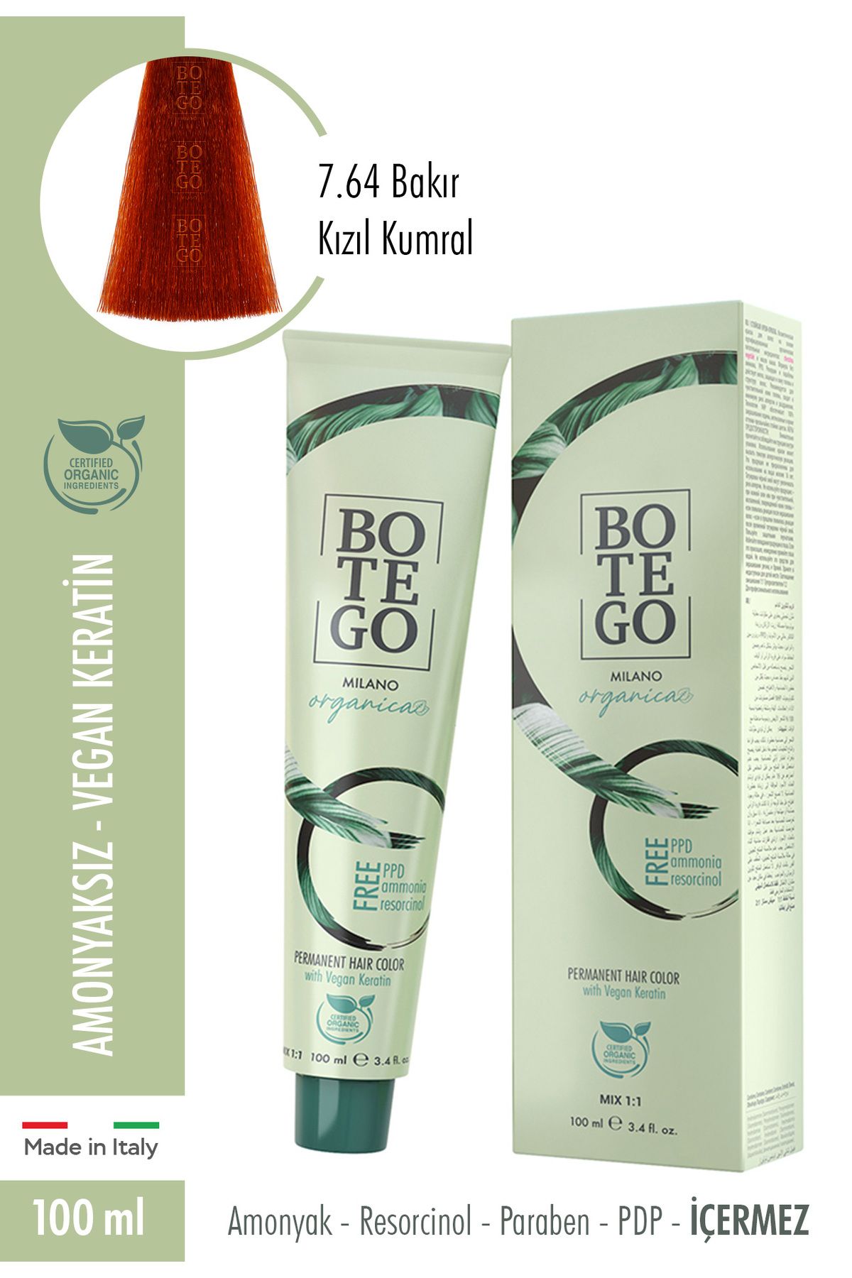 botegohair Botego Organica Krem Boya - 7.64 Bakır Kızıl Kumral 100 ml