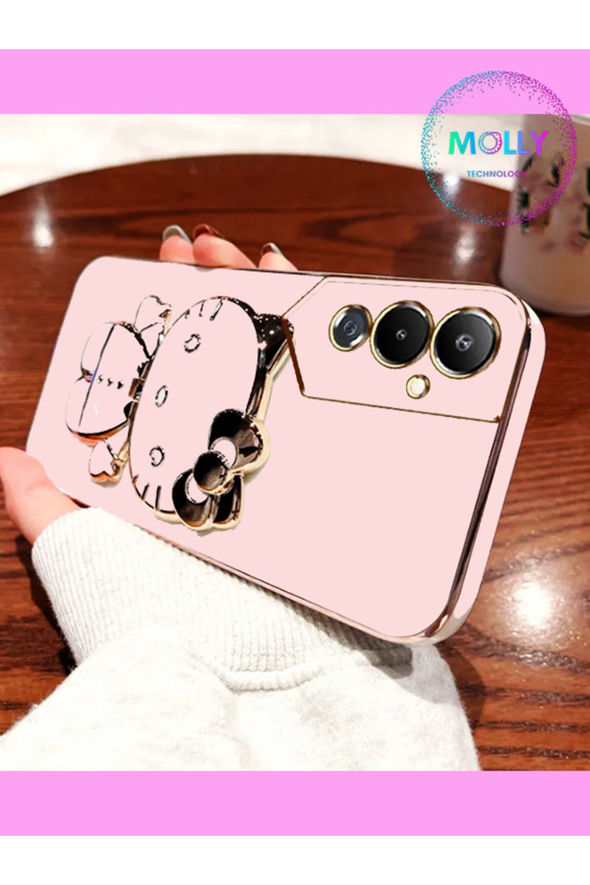 Molly Tecno Pova 4 İçin Rose Hello Kitty Standlı Gold Detaylı Lüks Silikon Kılıf