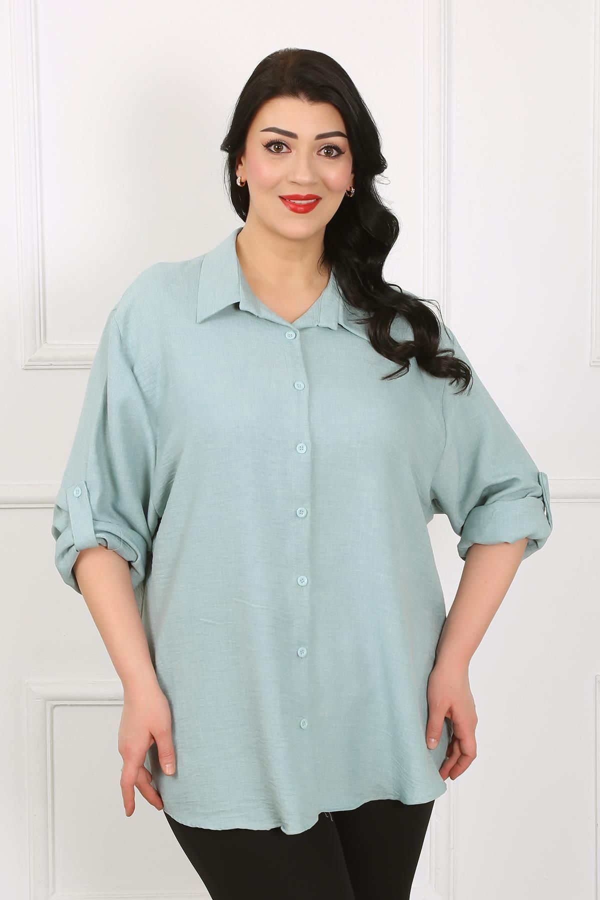 By Alba Collection Kadın Mint Yeşili Soft Keten Büyük Beden Gömlek