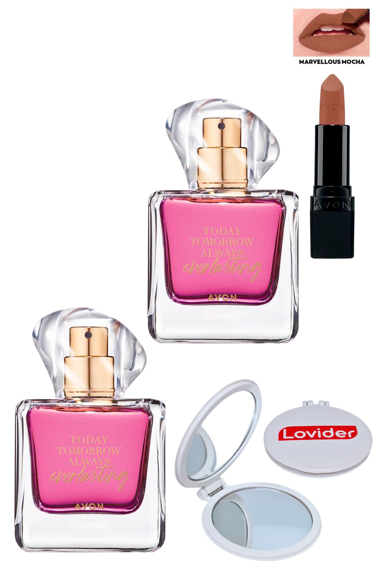 Avon TTA Everlasting Kadın Parfüm EDP 50ml x 2 Adet + Marvellous Mocha Mat Ruj + Lovider Cep Aynası