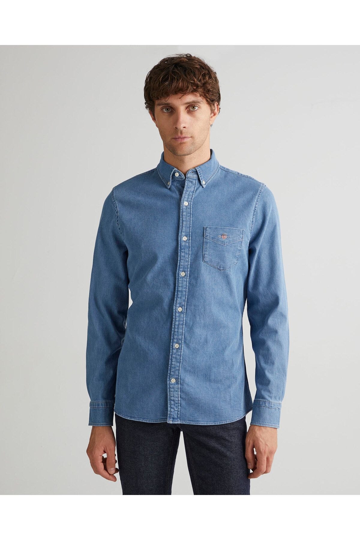 Gant Erkek Mavi Slim Fit Düğmeli Yaka Gömlek