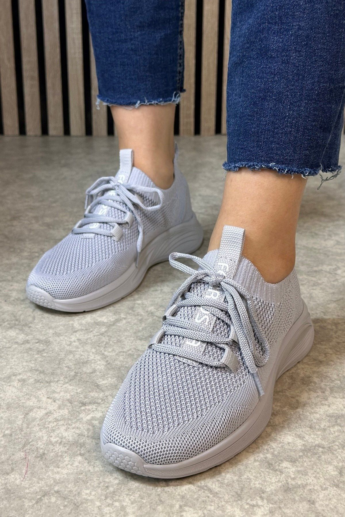 Allyup Günlük Kadın Triko Sneaker Bağcıklı Çorap Kalın Topuklu Oval Burunlu Spor Ayakkabı 625