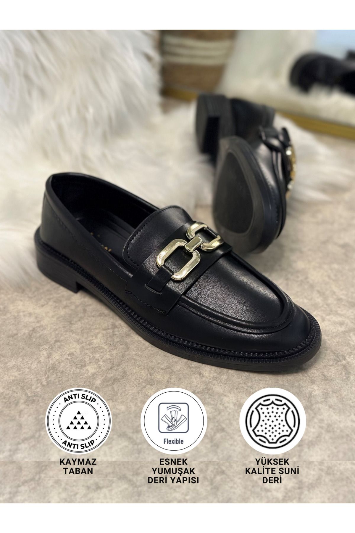 İmerShoes Günlük Kadın Siyah Cilt Loafer Klasik Kısa Topuklu Zincirli Oval Burunlu Makosen Ayakkabı 100