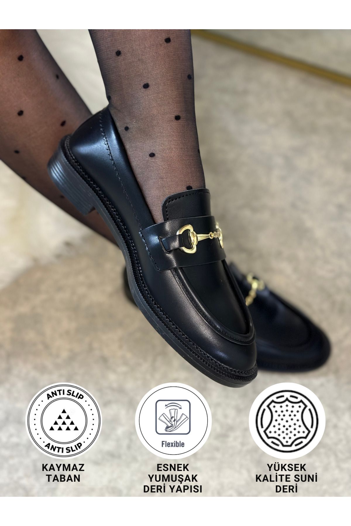 İmerShoes Günlük Kadın Siyah Cilt Loafer Klasik Desenli Taban Tokalı Oval Burunlu Makosen Ayakkabı 120