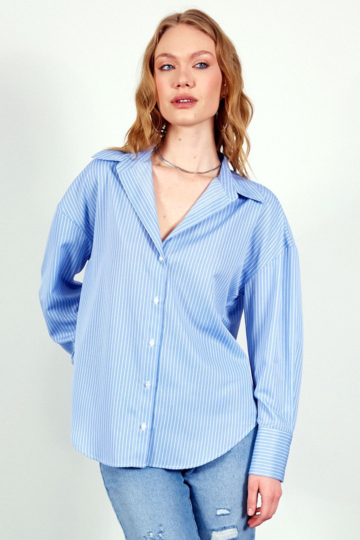 Manche Çizgili Kadın Gömlek | Mavi MKS167432-01