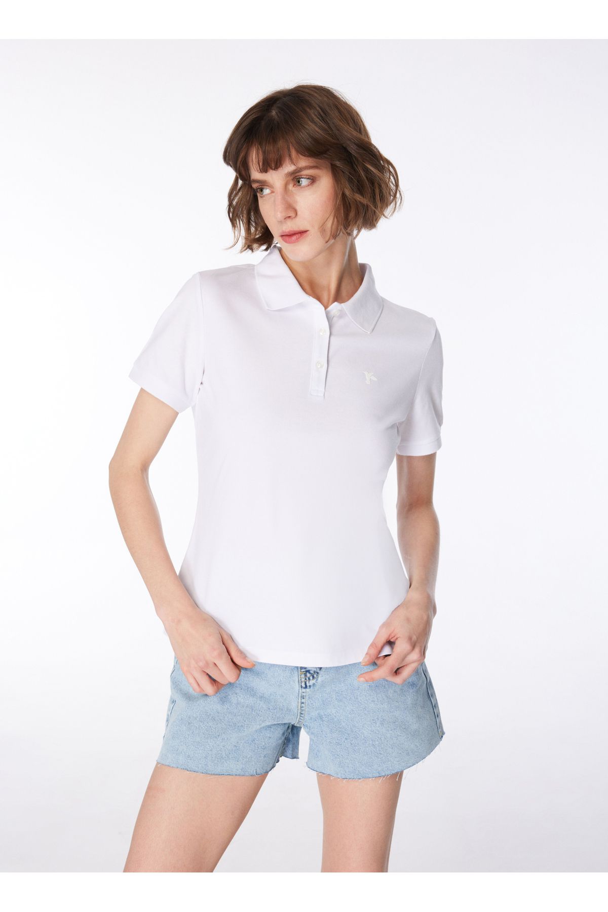 Fabrika Beyaz Kadın Polo Yaka Basic T-shirt Deep