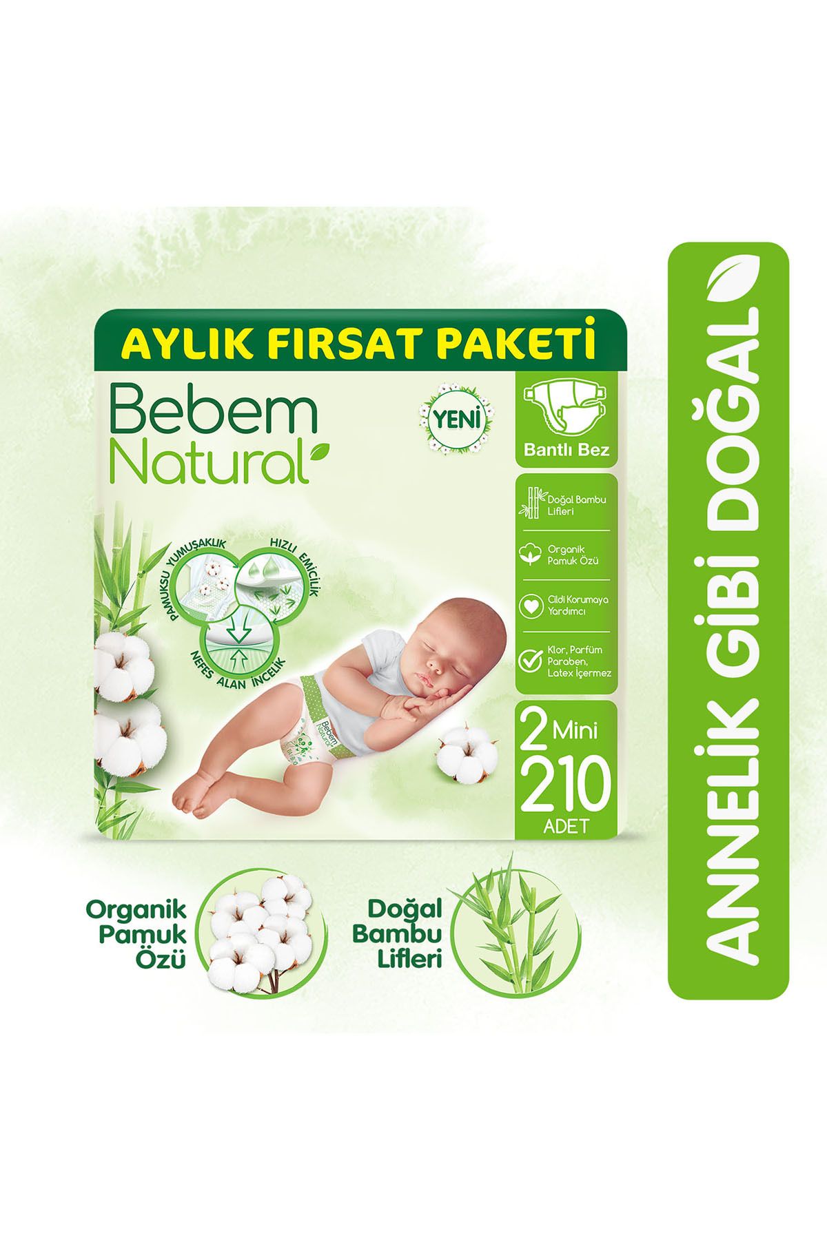 Bebem Natural Bebek Bezi 2 Beden Mini Aylık Fırsat Paketi 210 Adet