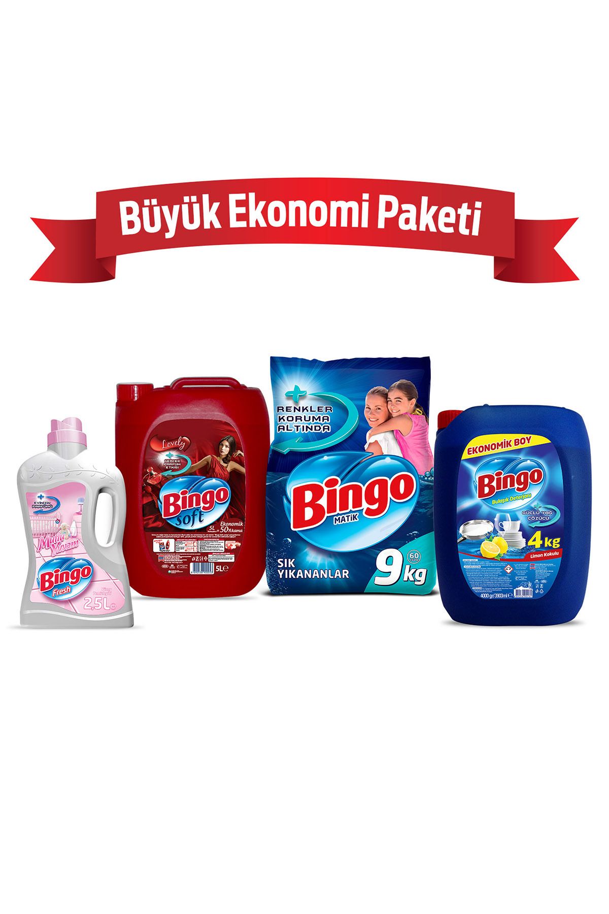 Bingo "büyük Ekonomi Paketi ; 9 Kg Toz Çamaşır Deterjanı Sık Yıkananlar Çamaşır Yumuşatıcısı 5 L Lovely