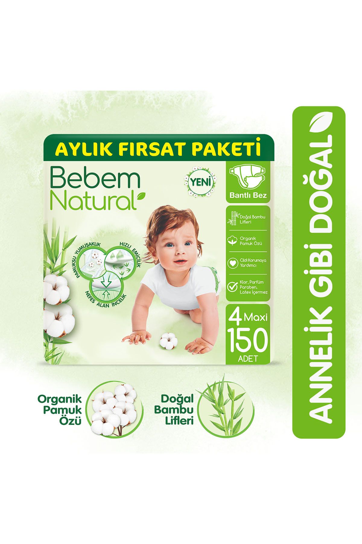 Bebem Natural Bebek Bezi 4 Beden Maxi Aylık Fırsat Paketi 150 Adet