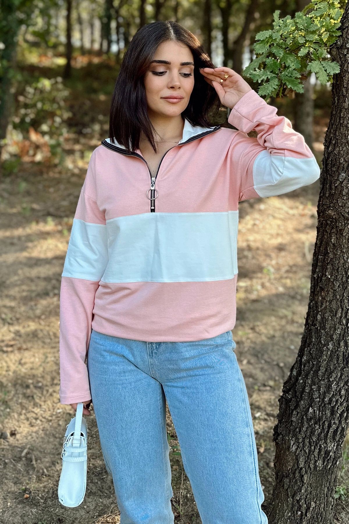 New Laviva Kadın Pembe Uzun Kol, Dik Yaka, Fermuarlı, Double Color Block Basic Sweatshirt Bluz