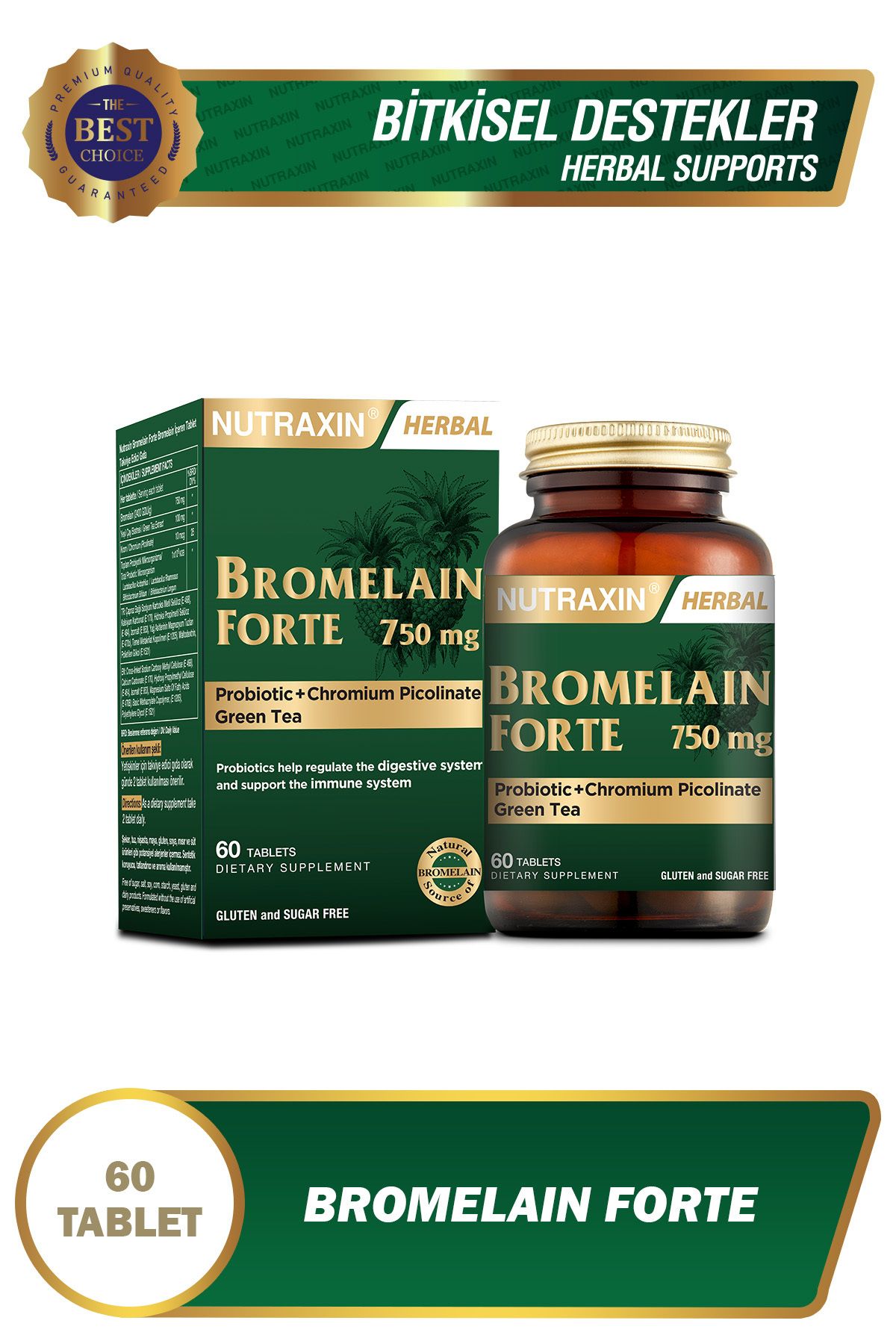 Nutraxin Bromelain Forte 60 Tablet - Bromelain Krom Probiyotik750 Mg