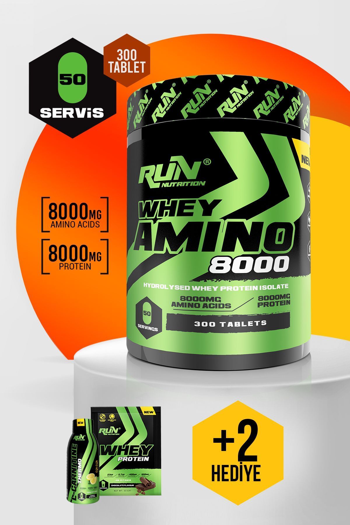 Run Nutrition Whey Amino 8000 - 300 Tablet - 50 Servis - Hediyeli