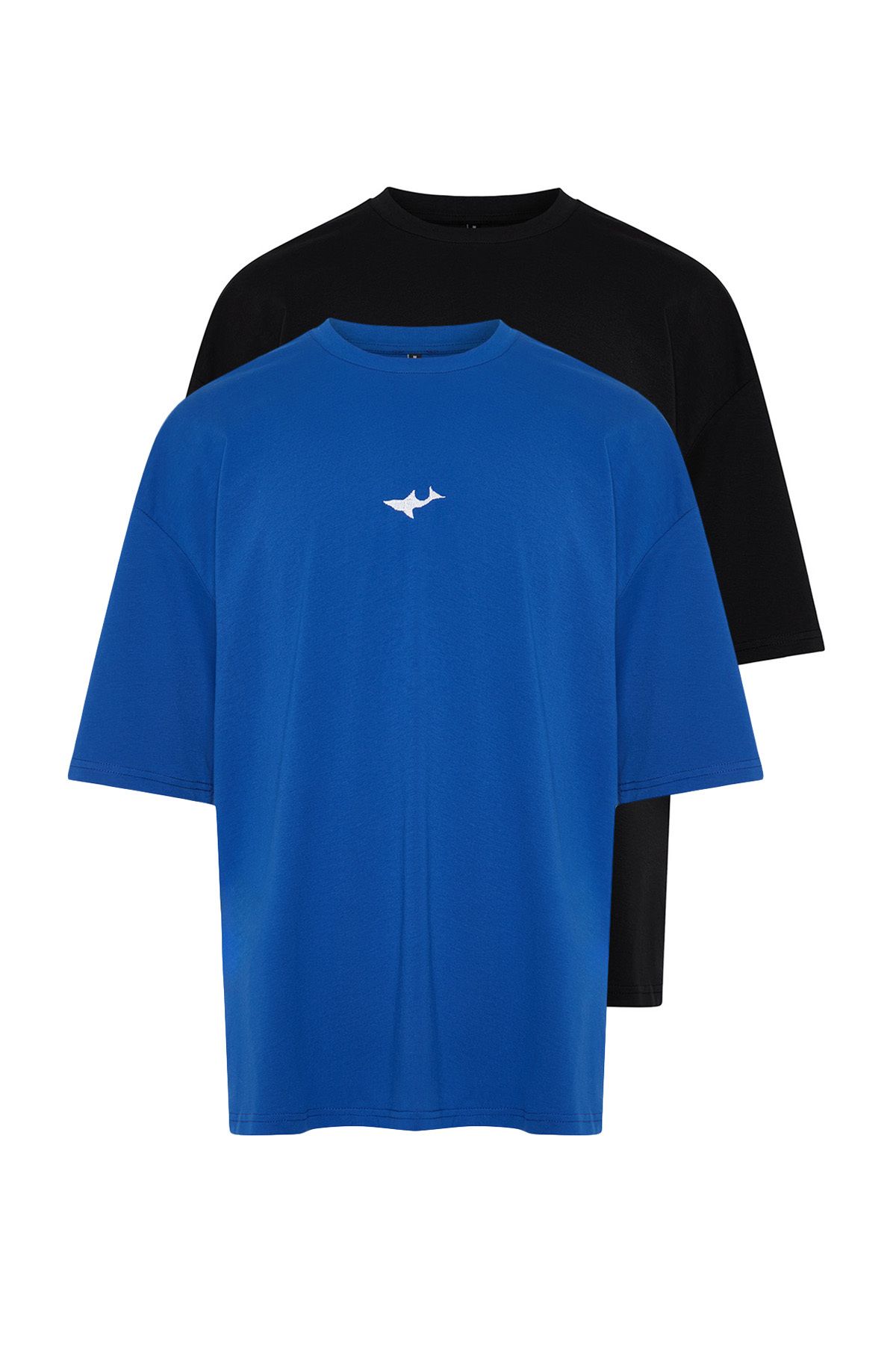 TRENDYOL MAN Siyah-Lacivert 2'li Paket Oversize/Geniş Kesim Hayvan Nakışlı %100 Pamuklu T-Shirt TMNSS24TS00198
