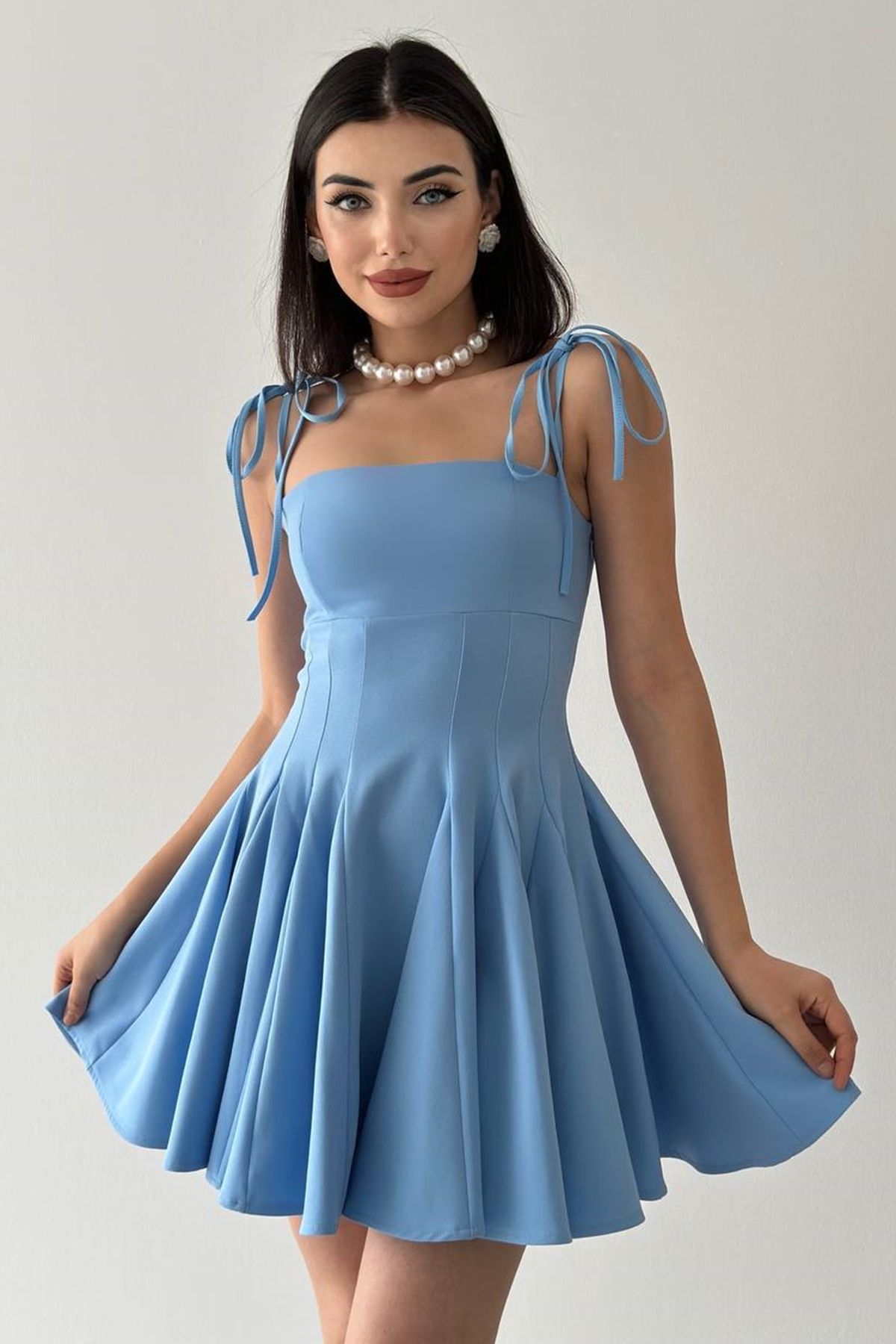 lovebox Atlas Kumaş Askılı Pens Detay Prenses Kesim Bebe Mavi Abiye Elbise Bebe Mavi Mezuniyet Elbisesi 164