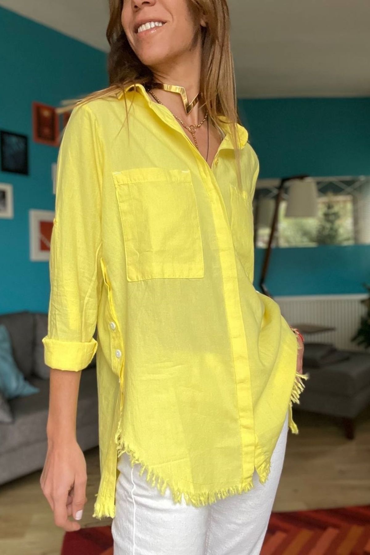 Güneşkızı Kadın Sarı Yanı Düğmeli Eteği Püsküllü Gömlek GK-AYN1666