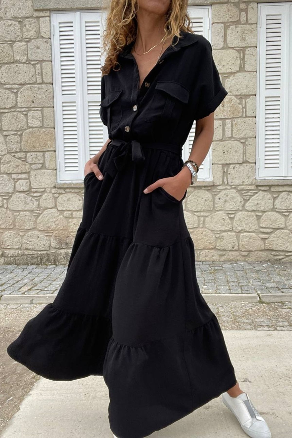 Güneşkızı Kadın Siyah Yarım Patlı Eteği Piliseli Kendinden Kemerli Salaş Elbise Bst3336