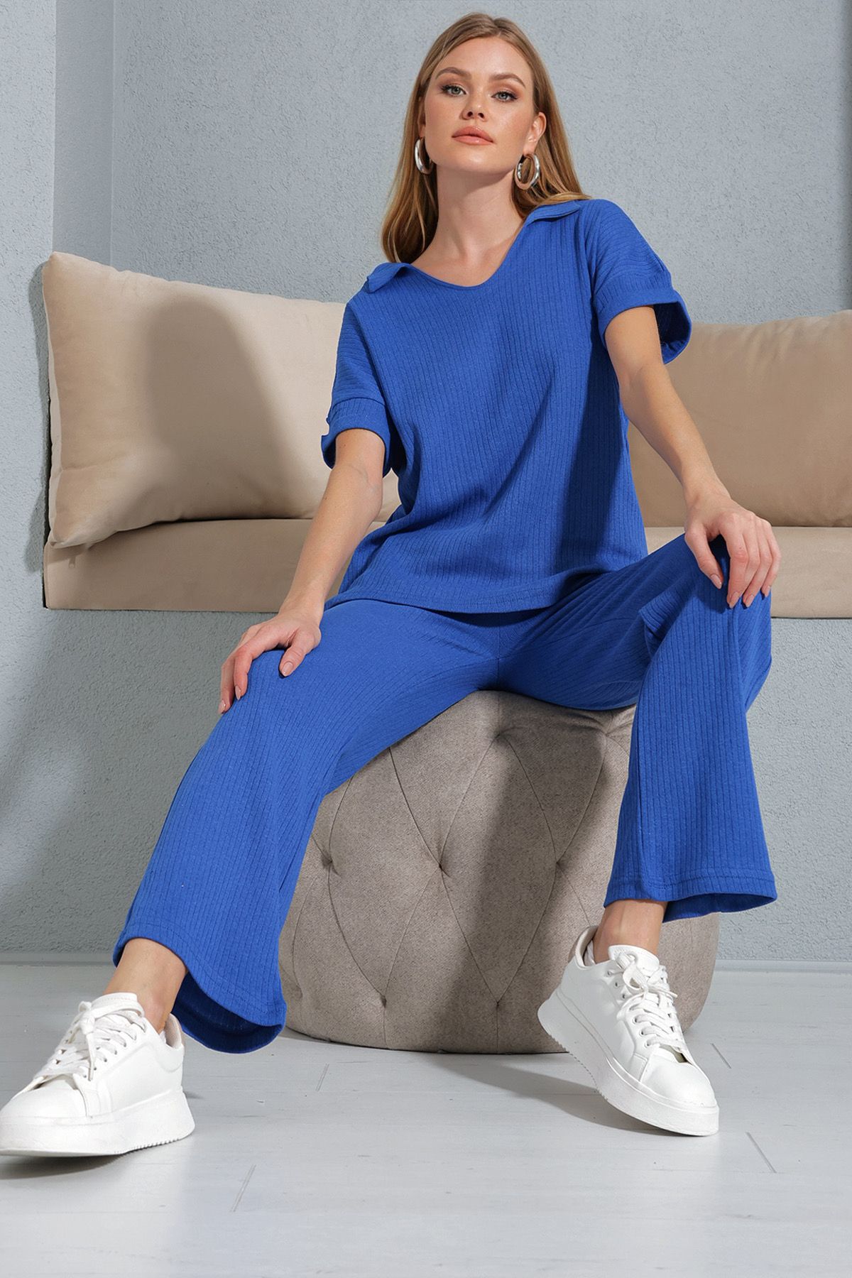 VAGGON Kadın Saks Gömlek Yaka Oversize Bluz Ve Yüksek Bel Pantolon Takım Prm0774