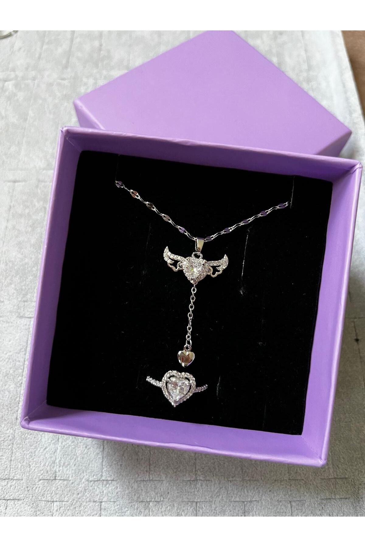 Sepetten Eve Çelik Pandora'm Muadil Beyaz Kalpli Taşlı Kolye Pandora'm Yüzük Takım sevgiliye hediye