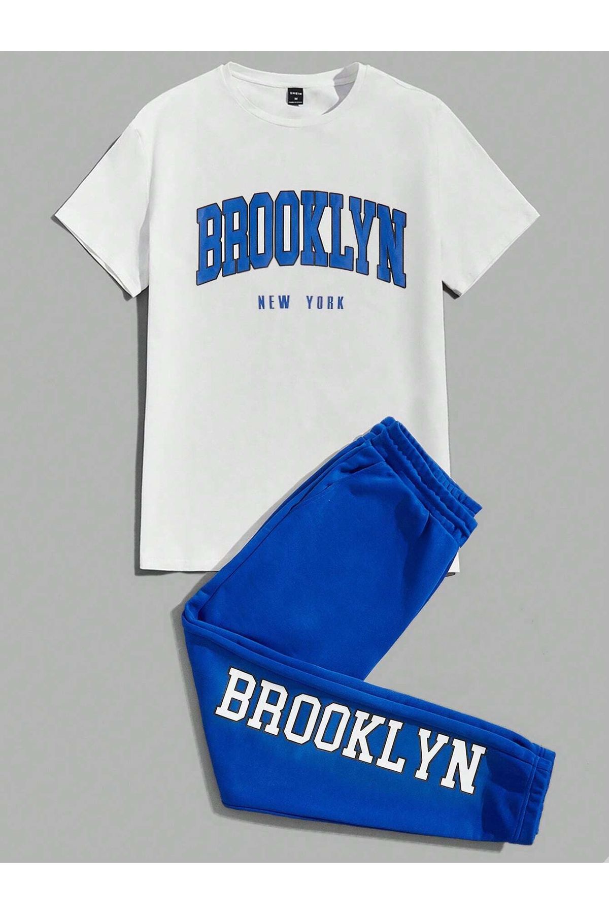 Cool Art Brooklyn T-Shirt Eşofman Altı Jogger - Beyaz Sax Mavi Baskılı Eşofman Takımı Bisiklet Yaka